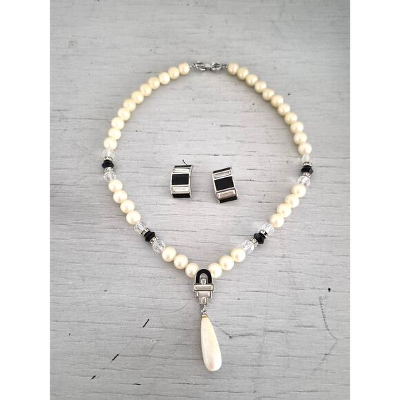 Vintage Givenchy Faux Pearl and Rhinestone Lariat Necklace and Earring Set - Picture 1 of 7